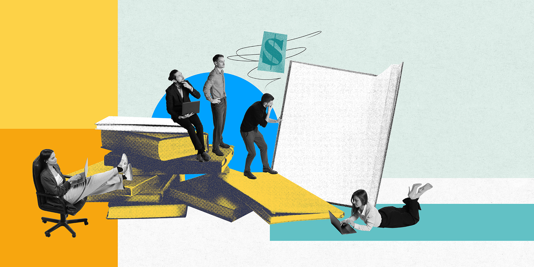 Five people, colleagues using books and gadgets for educational purposes, learning together. Contemporary art collage.